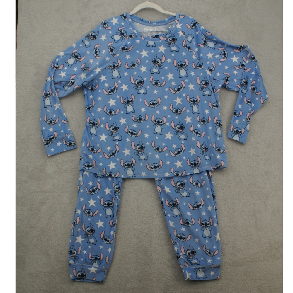 Disney Stitch Pajama Set Womens XL 16-18 Blue Stars Long Sleeve Pants PJs 2pc